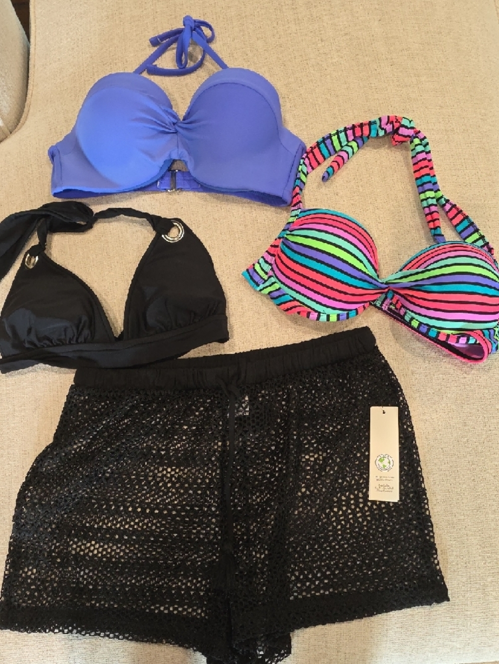 Set Of 3 Bikini Tops & Coverup Shorts